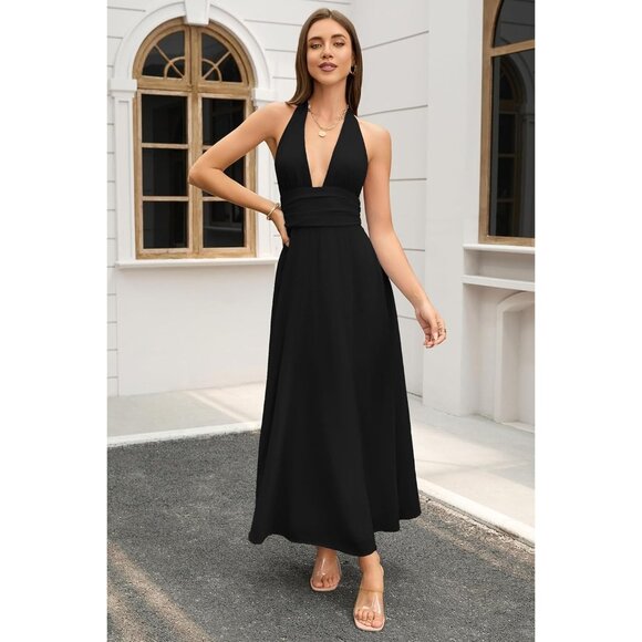 Women's V Neck Halter Maxi Dress Polyester Slit Backless Elegant Occasion - Picture 5 of 6